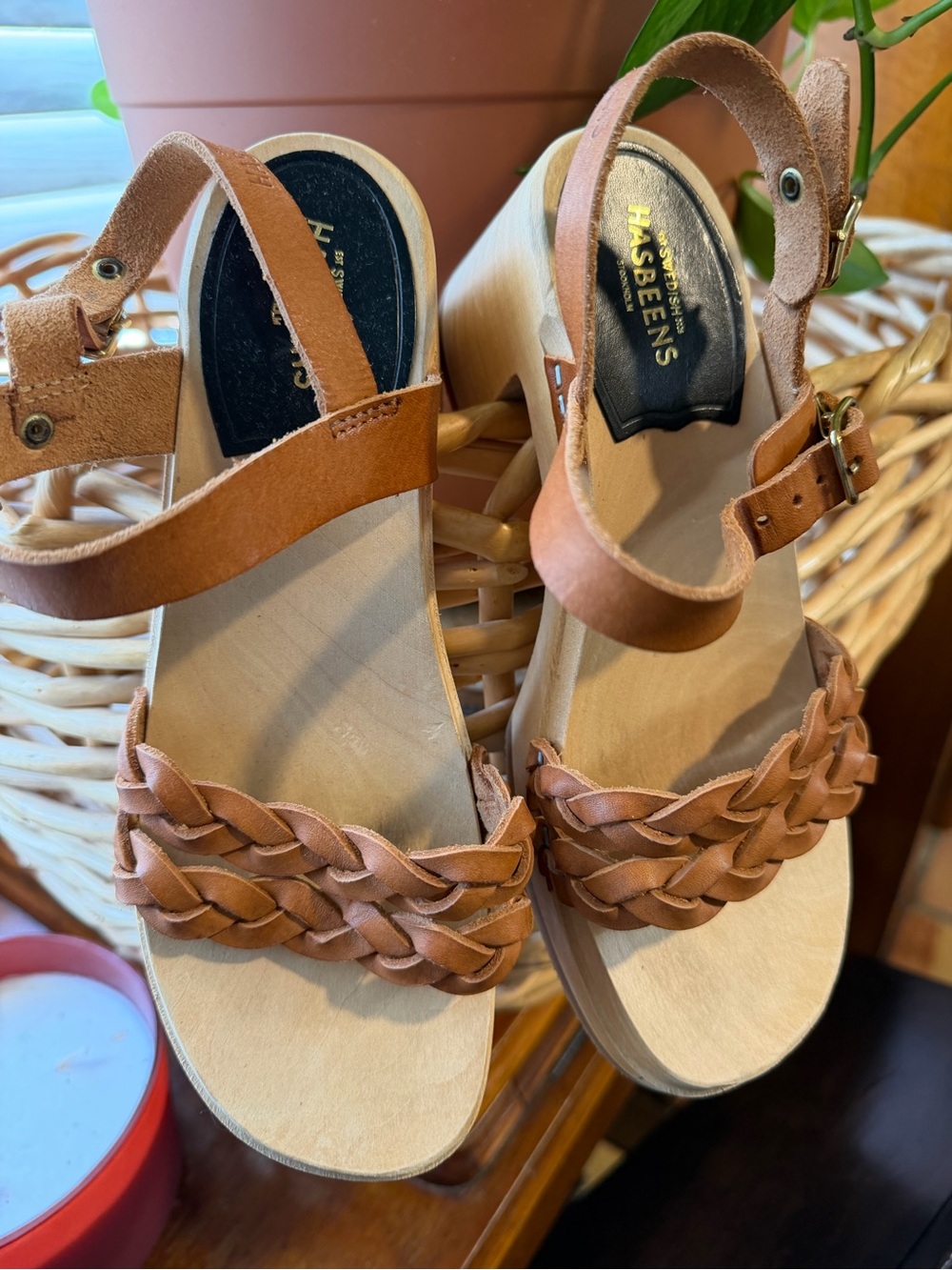 Swedish Hasbeens Brown Leather Braided Platform Clog Sandals